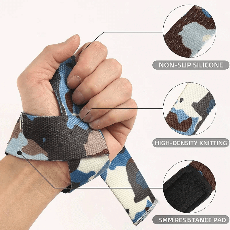 Close-up of a hand using camo-pattern non-slip weightlifting wrist strap highlighting silicone grip, knitting, and resistance pad.
